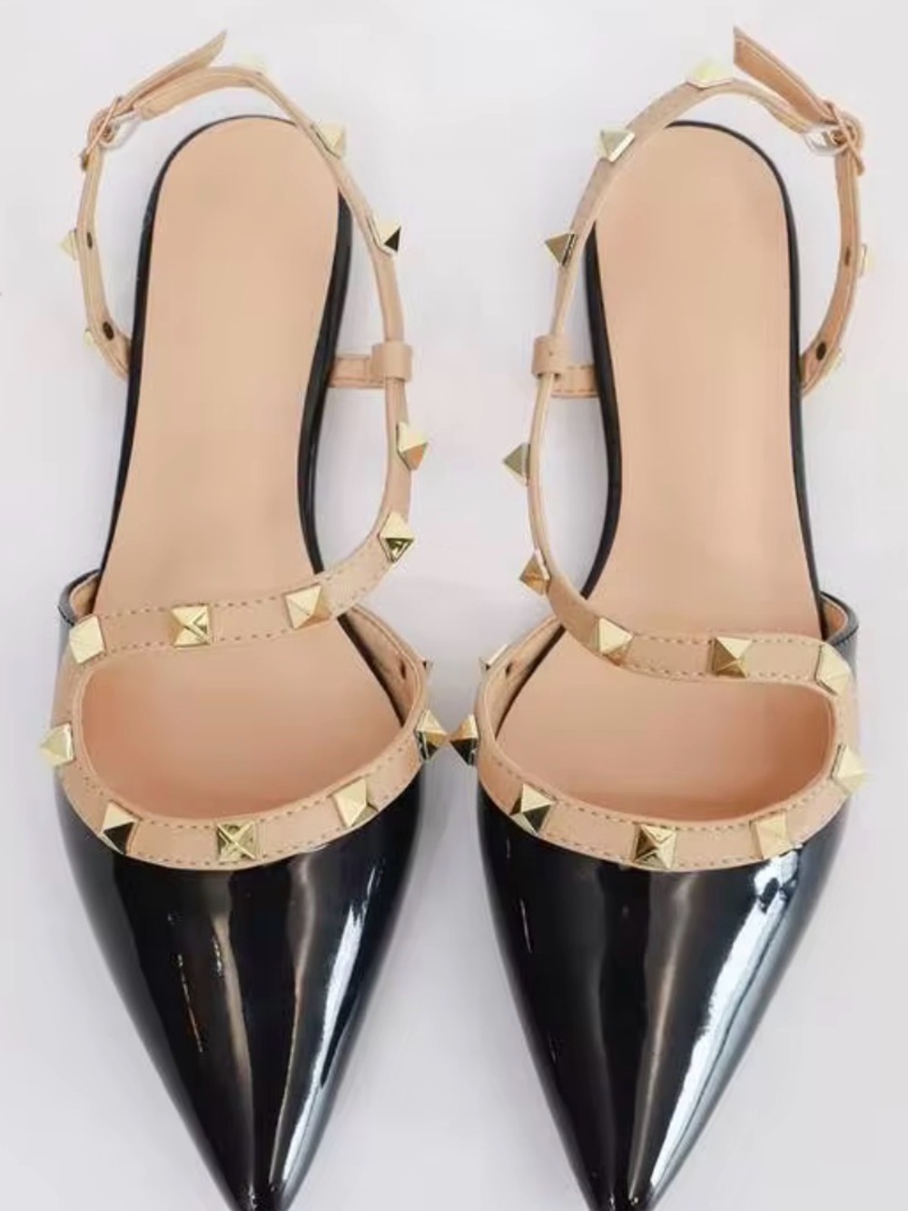 Studded Pointed-Toe Slingback Flats in Black and Nude